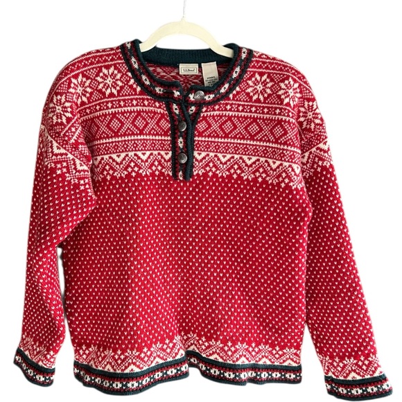 L.L. Bean Sweaters - VINTAGE LL BEAN Fair Isle Merino Wool Sweater Buttons Red M